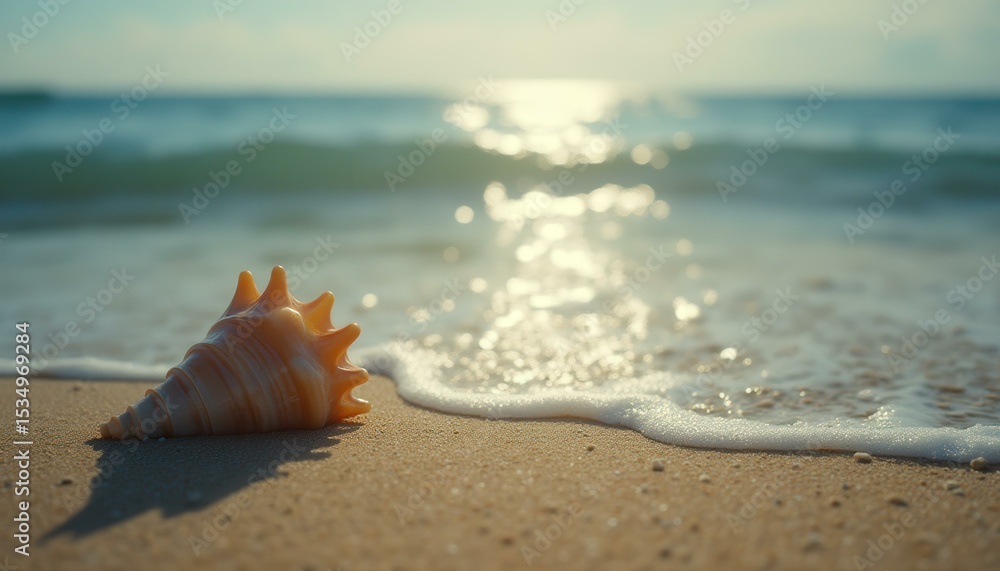 Poster seashell resting on sand with ocean wave and seafoam