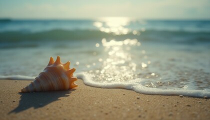 Obraz premium Seashell resting on sand with ocean wave and seafoam