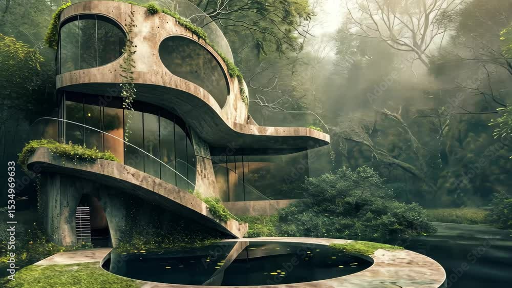 Aufkleber abstract architecture harmoniously blending with lush nature in a serene environment, showcasing inn