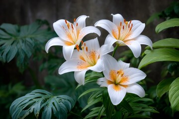 Fototapeta premium Delicate white lilies blooming in a summer garden