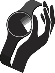 Black hand holding modern smart watch illustration, minimalist technology concept vector, wearable gadget silhouette design for branding, tech advertising, innovation,