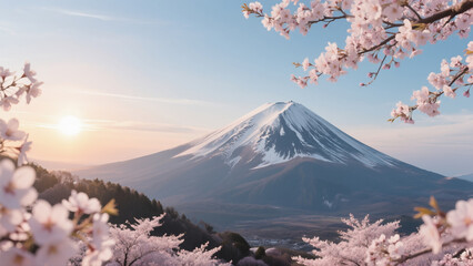 Aerial view of Mount Fuji, cherry blossoms in bloom, clear skies, cinematic sunrise lighting, ultra realistic CG style, peaceful spring scene, no text