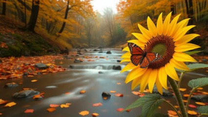 Close-up of a monarch butterfly perched on a sunflower beside a gentle forest stream, surrounded by vibrant autumn foliage and scattered fallen leaves.