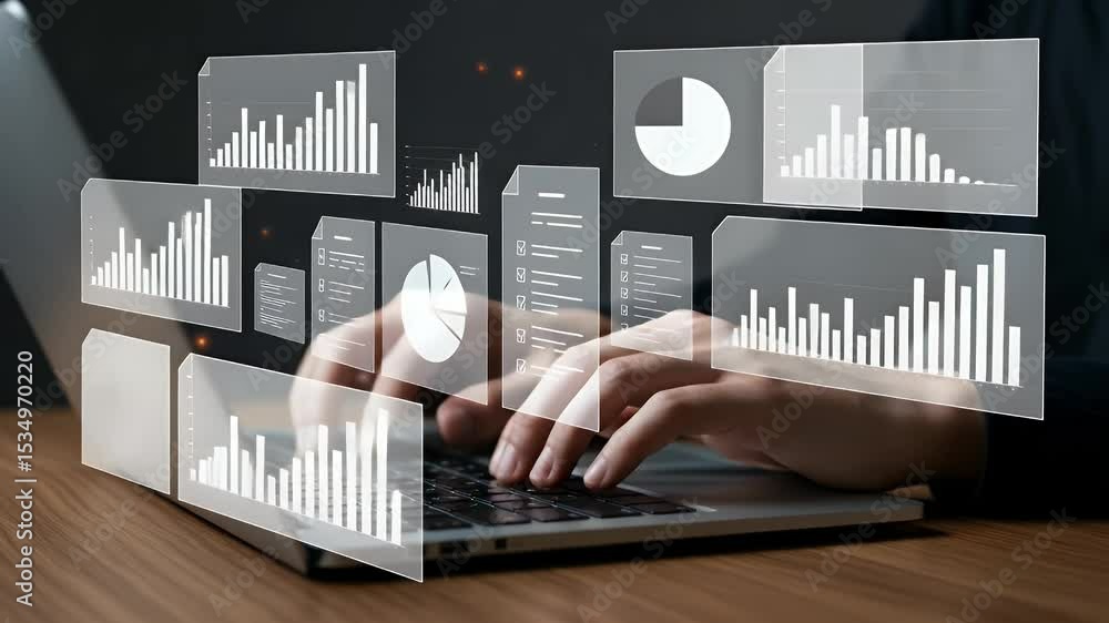 Poster hands typing on laptop with data visualizations overlay