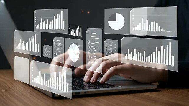 Hands typing on laptop with data visualizations overlay - Powered by Adobe