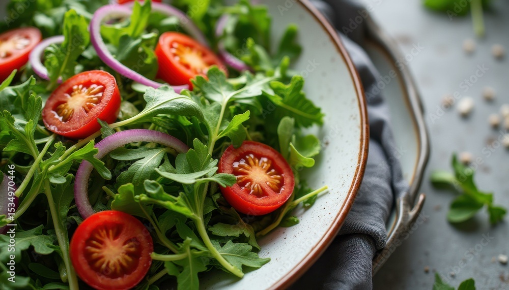 Poster fresh arugula salad with tomato and red onion on table