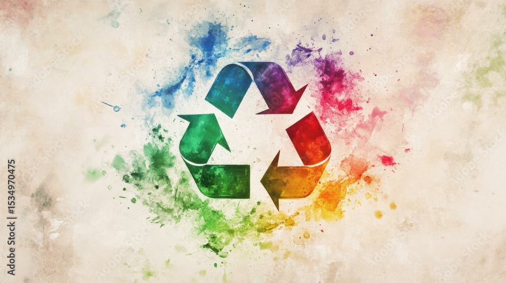 Poster colorful recycling symbol on textured canvas background