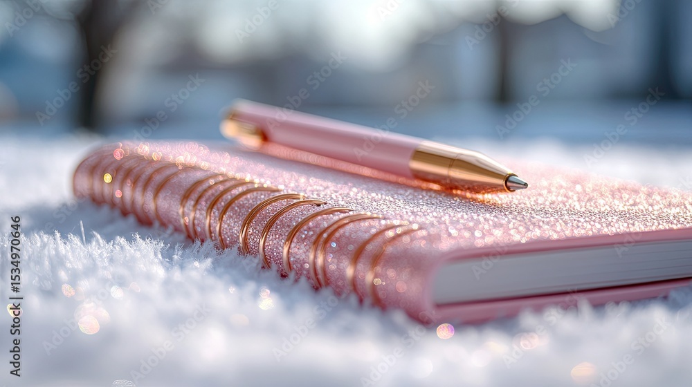 Poster glitter notebook with stylus on soft surface, creative stationery concept with sparkle design for