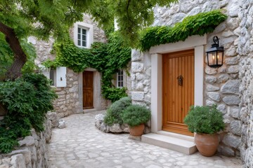 Fototapeta premium Charming stone house with wooden doors and climbing plants adorning the facade