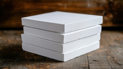 Stack of white square foam boards on wooden surface