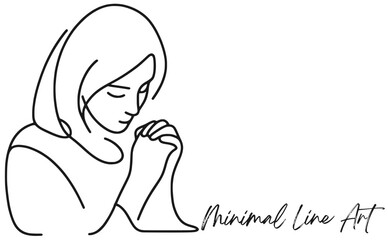A minimalist, single-line drawing of a woman wearing a hijab in prayer