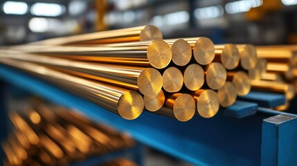 Stacked brass rods on industrial shelf