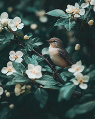 A small bird rests on a branch of a blooming tree, a serene natural scene