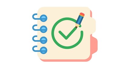 Approved symbol on the successful review planner icon in a cartoon animation. School assessment complete and the checklist item marked sign. Alpha channel. - Powered by Adobe