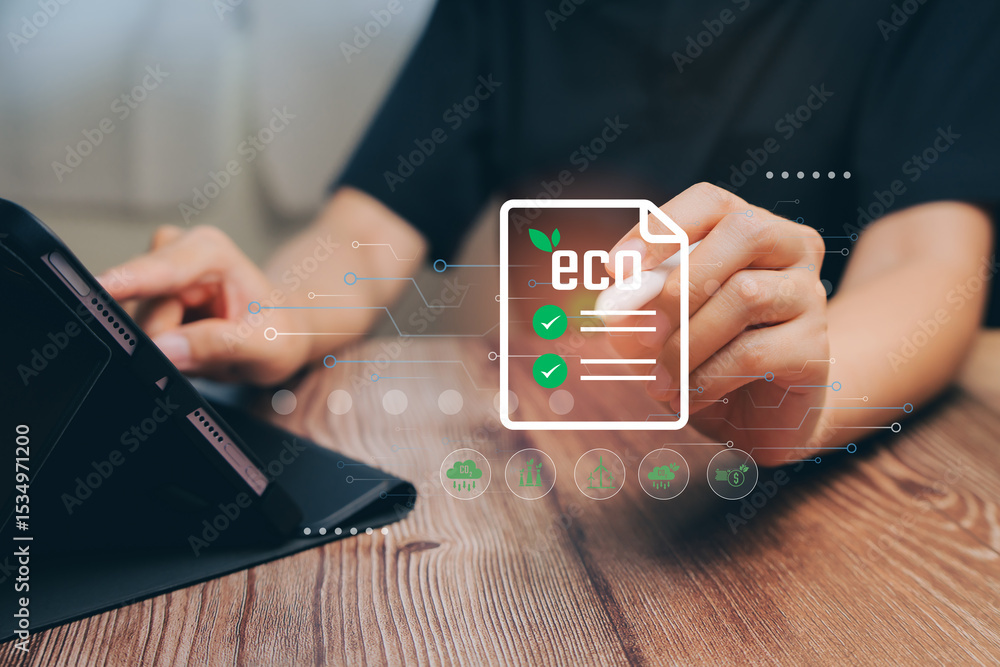 Poster eco concept. person using tablet to review eco-friendly document with green checkmarks and digital e