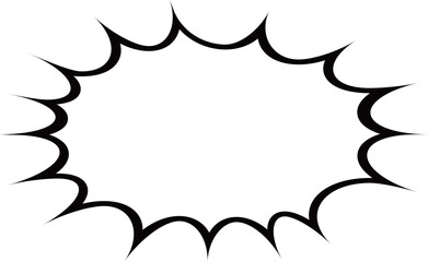 This image displays a blank, white comic speech bubble, characterized by a jagged, spiky outline with a thick black border. 