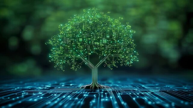 Futuristic technology tree connecting nature and digital networks gracefully