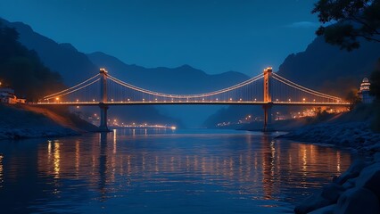 Fototapeta premium Night Serenity: Illuminated Bridge over Calm Waters