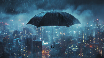 An umbrella shields a city during a rainstorm, creating a captivating night scene.