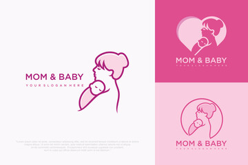 Mother and baby logo. Mom holding her child in her arms , vector illustration