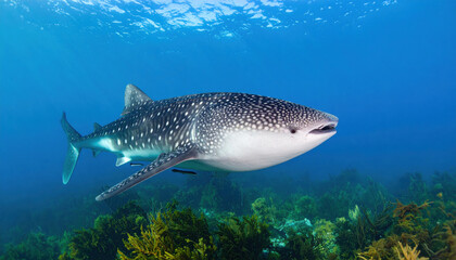 Majestic whale shark gliding through tranquil ocean, its gentle eyes reflecting beauty of underwater world, surrounded by vibrant marine life and lush seaweed