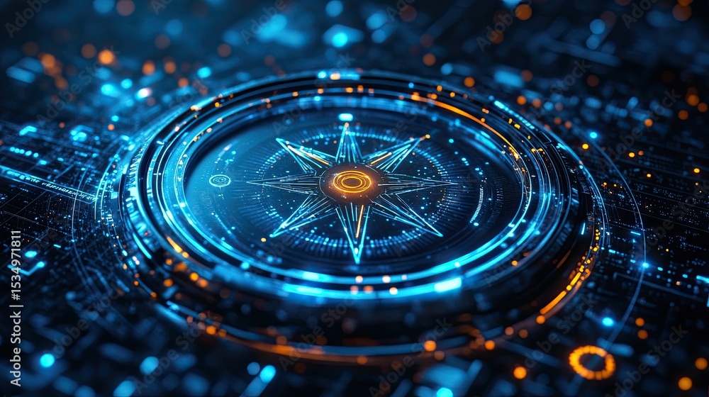 Poster glowing digital compass user interface on futuristic display, navigation technology concept with blu