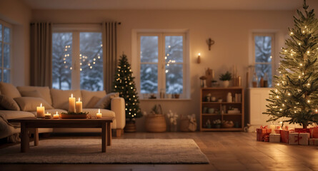 Cozy Indoor Christmas Background with Glowing Tree and Wooden Tabletop