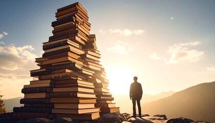 Man facing a towering stack of books