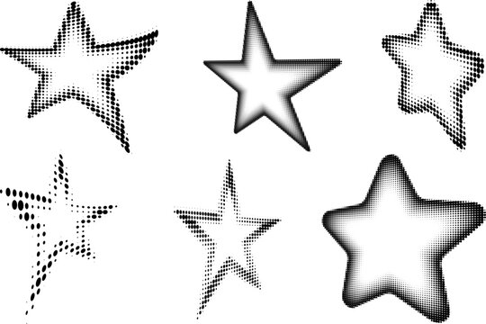 Abstract star shaped frames set created with halftone dots, adding a dynamic and creative touch to visual content. Ideal for decorative pop art style retro designs.