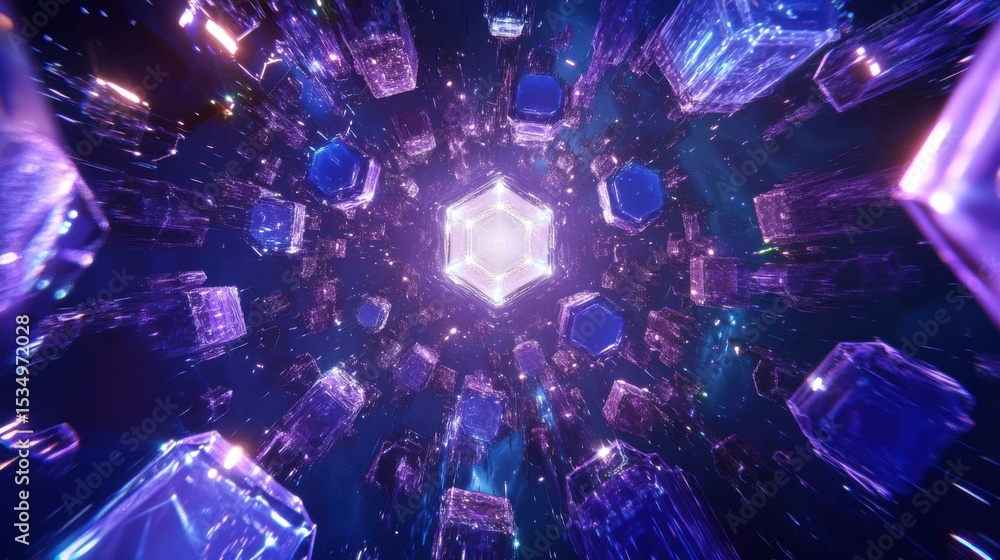 Poster Dynamic glowing geometric shapes in abstract digital space
