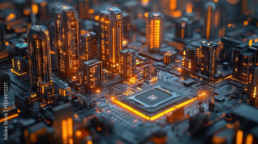 Poster glowing motherboard cityscape merging electronics with architectural structures in a sci-fi style