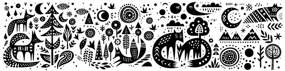 Hand‑Drawn Fox Illustration – Tribal Forest Folk Art Pattern Vector for Wildlife & Nature Themes
