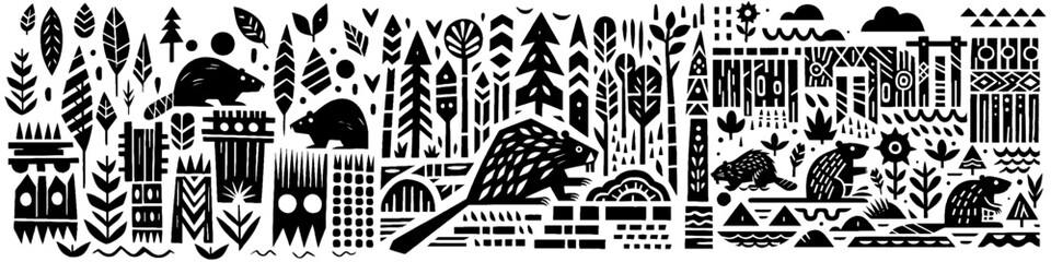 Hand‑Drawn Beaver Pattern – Tribal Folk Art Vector for Forest and Wildlife Themes