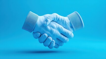 Two hands shaking in blue latex gloves.