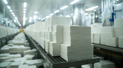 Fototapeta premium Stacks of white rectangular sheets on metal shelves in a factory