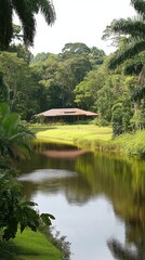 Fototapeta premium Tranquil Lakeside House nestled in Lush Tropical Rainforest Paradise