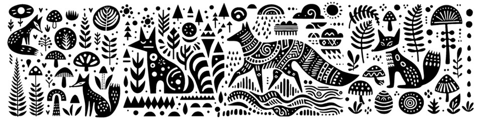Hand‑Drawn Fox Pattern – Tribal Folk Art Vector for Woodland and Animal Themes