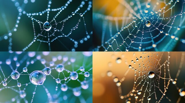 Close-up quadriptych of dew-laden spiderwebs, showcasing intricate web structures and glistening water droplets against blurred natural backgrounds in varied hues