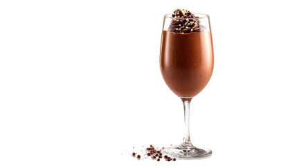 Delicious chocolate drink topped with nuts in elegant glass. transparent background