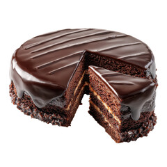 Delicious chocolate cake with a slice removed, tempting dessert. transparent background