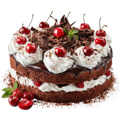 Delicious chocolate cake topped with cherries and whipped cream. transparent background