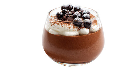 Delicious chocolate dessert topped with whipped cream and berries. transparent background