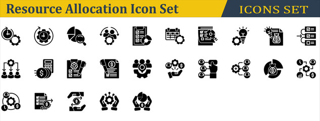 Resource Allocation Icon Set. Containing Budget List,Budget Plan,Cost Allocation,Cost,Distribution,Effort,Handling,Operation,Priority,Resource Allocation,Resource. Solid Style