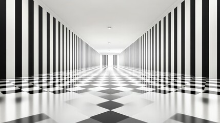Stylish black and white corridor with striped walls and checkered floor.