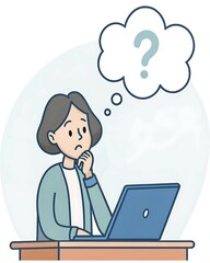 Flat vector of a person sitting at a desk with books and a laptop, confused with a question mark cloud above — concept of research struggle, information overload, and mental fatigue while learning

