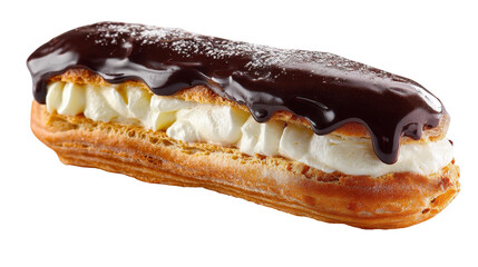 Delicious chocolate eclair with cream filling, perfect dessert treat. transparent background