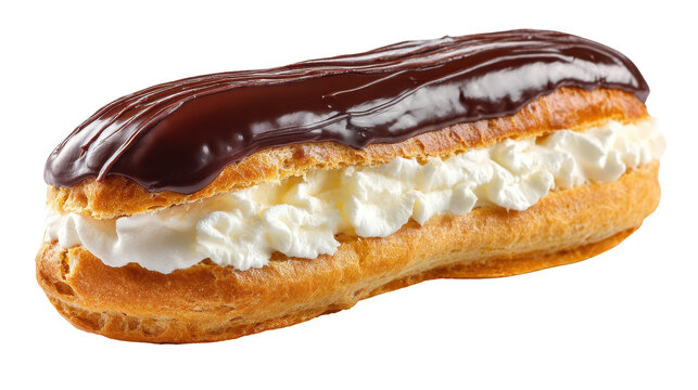 Delicious chocolate eclair with cream filling, perfect for desserts. transparent background