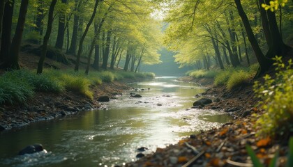 Obraz premium Serene river flowing through lush forest on a sunny day