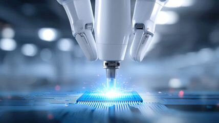Robotic arm precisely assembles microchip on circuit board, showcasing advanced technology and innovation in electronics manufacturing. scene is futuristic and dynamic