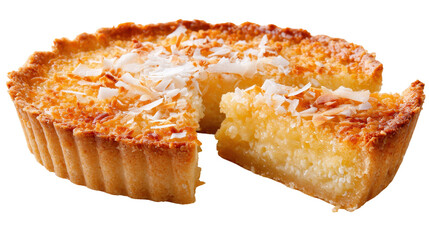 Delicious coconut tart with a golden crust and a creamy filling. transparent background